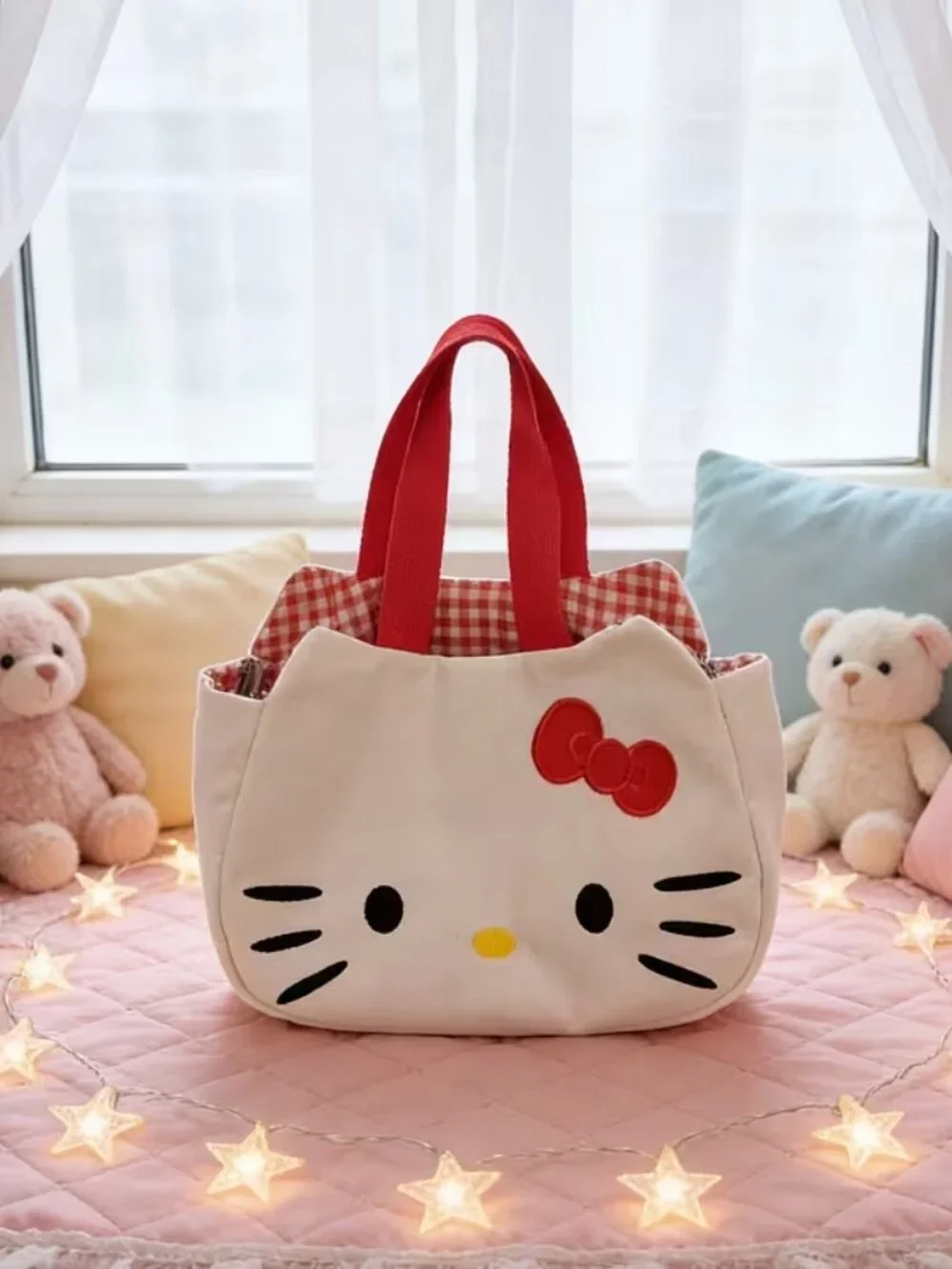 #HK-2499 Hello Kitty Canvas and red plaid small handbag